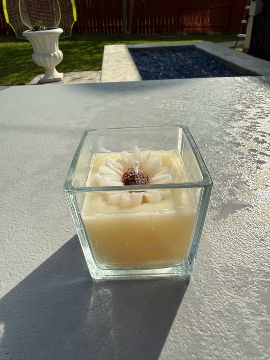 Hand Crafted Other - Hand Crafted Cream Daisy Flower Candle in Square Glass